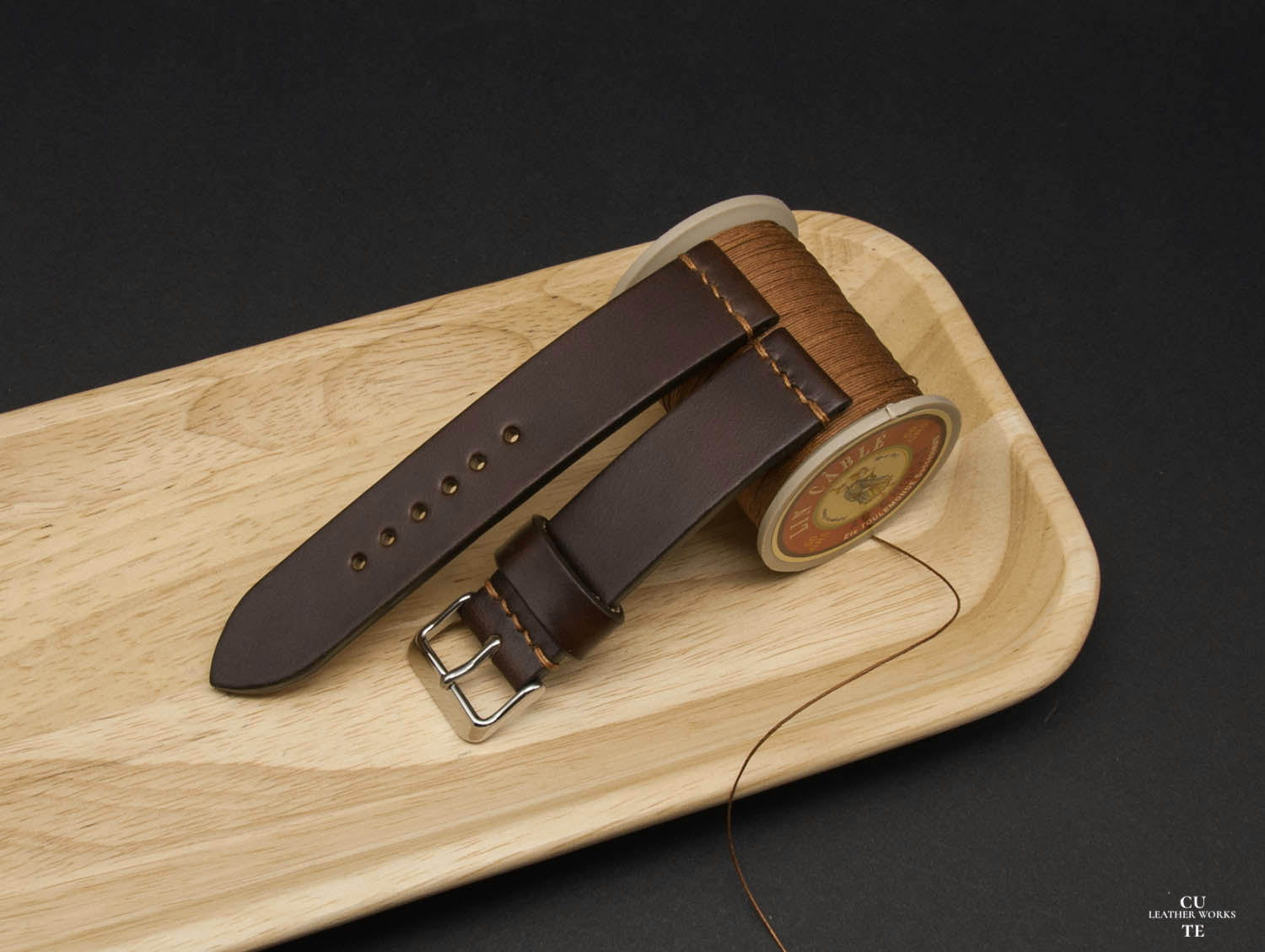 Horween Chromexcel Dark Brown Leather Watch Strap, Horizontal Stitching