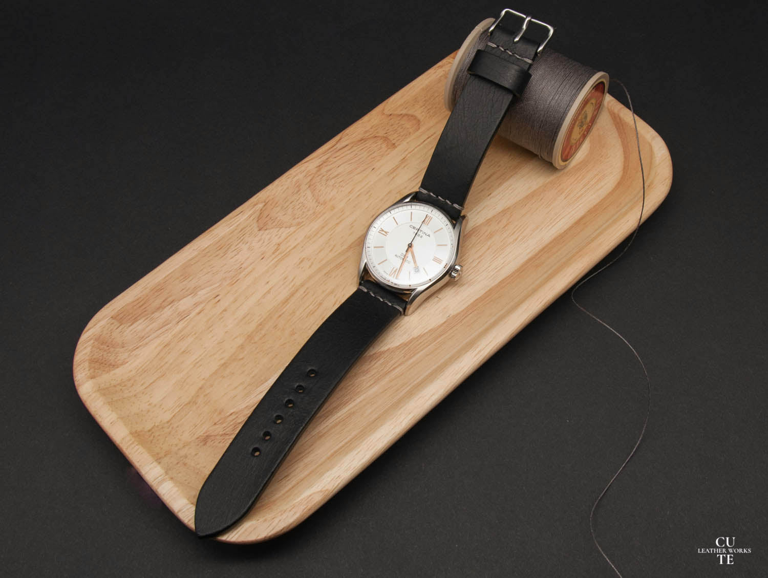 Badalassi Carlo Wax Black Leather Watch Strap, Horizontal Stitching