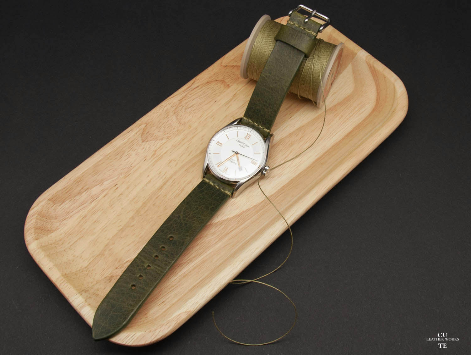 Badalassi Carlo Wax Olive Leather Watch Strap, Horizontal Stitching