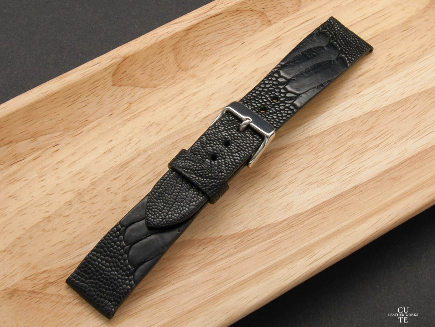 Ostrich Leg Black Leather Watch Strap, Non-stitched